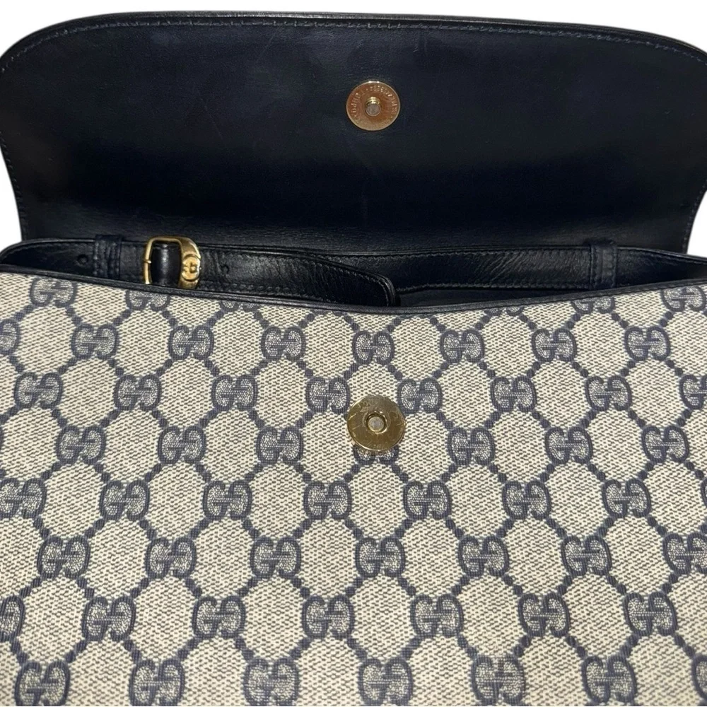 Vintage Gucci GG Monogram Shoulder Bag Navy Leather Trim | Unused 1970s